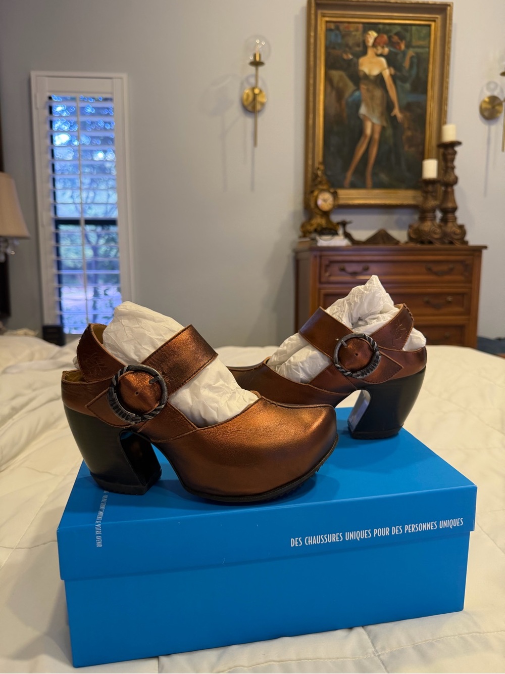 John Fluevog Metallic Copper Mary Jane Heels